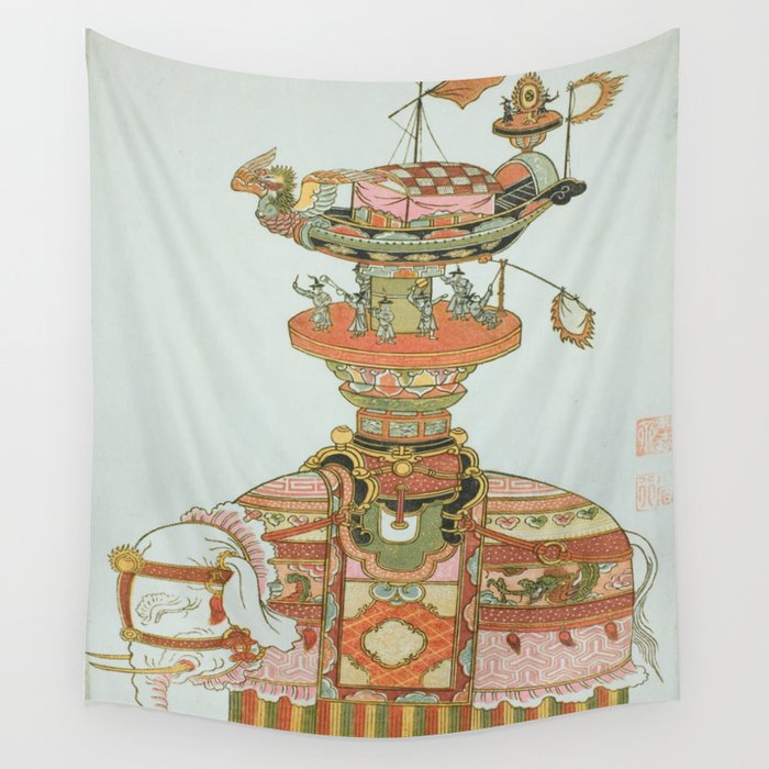 Mechanical Elephant with Festival Barge and Korean Musicians by Komatsuya Hyakki Wall Tapestry Gallery Image 4