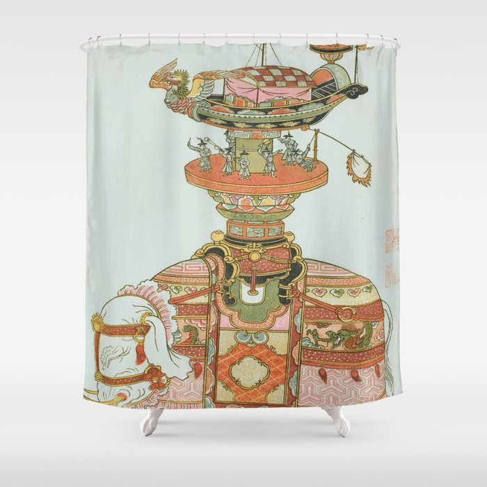 Mechanical Elephant with Festival Barge and Korean Musicians by Komatsuya Hyakki Shower Curtain Gallery Image 1