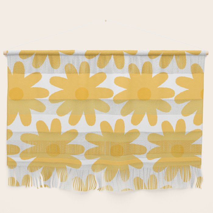 Crayon Flowers Cheerful Floral Pattern in Mustard Yellow and White Wall Hanging Gallery Image 1