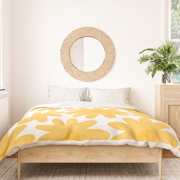 Crayon Flowers Cheerful Floral Pattern in Mustard Yellow and White Duvet Cover Gallery Image 3
