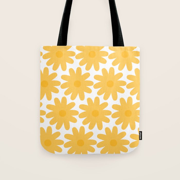 Crayon Flowers Cheerful Floral Pattern in Mustard Yellow and White Tote Bag Gallery Image 1