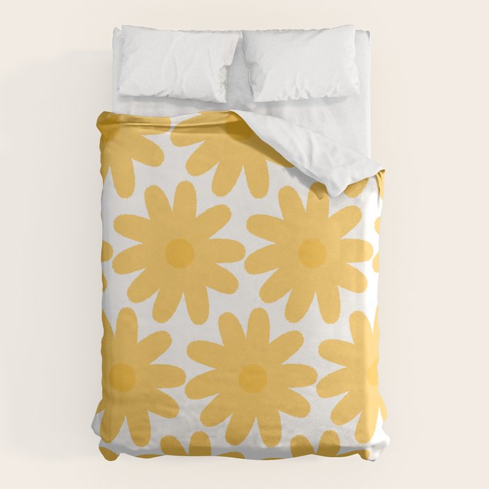 Crayon Flowers Cheerful Floral Pattern in Mustard Yellow and White Duvet Cover Gallery Image 6