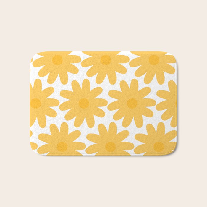 Crayon Flowers Cheerful Floral Pattern in Mustard Yellow and White Bath Mat Gallery Image 1