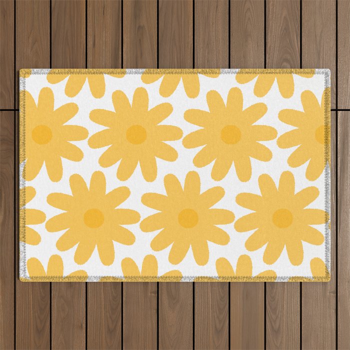 Crayon Flowers Cheerful Floral Pattern in Mustard Yellow and White Outdoor Rug Gallery Image 1