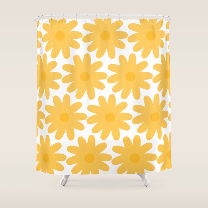 Crayon Flowers Cheerful Floral Pattern in Mustard Yellow and White Shower Curtain Gallery Image 1