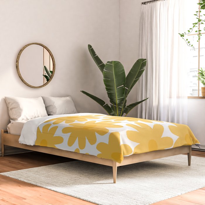 Crayon Flowers Cheerful Floral Pattern in Mustard Yellow and White Comforter Gallery Image 2