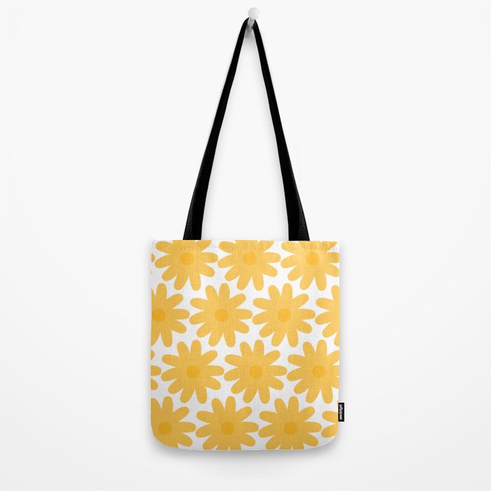 Crayon Flowers Cheerful Floral Pattern in Mustard Yellow and White Tote Bag Gallery Image 2
