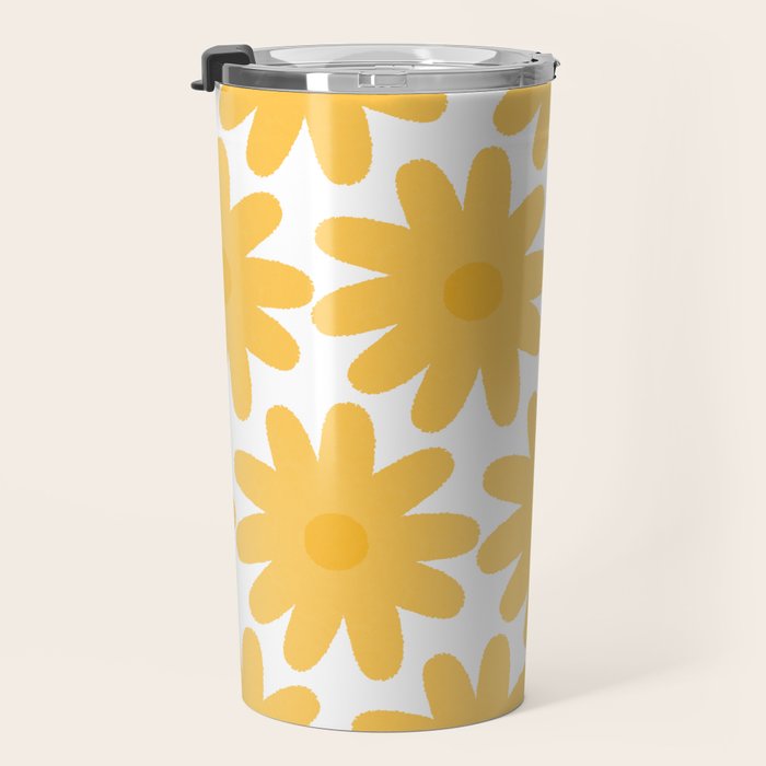 Crayon Flowers Cheerful Floral Pattern in Mustard Yellow and White Travel Mug Gallery Image 3