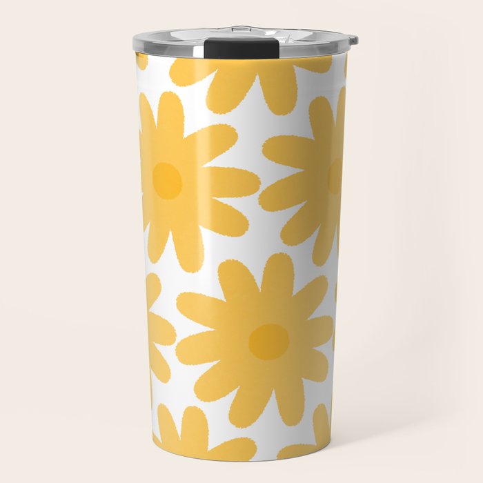 Crayon Flowers Cheerful Floral Pattern in Mustard Yellow and White Travel Mug Gallery Image 1