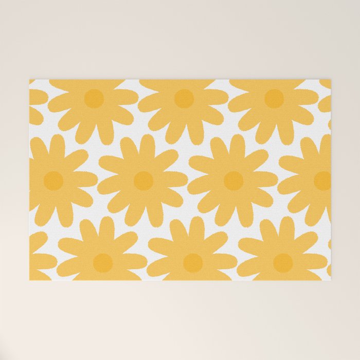 Crayon Flowers Cheerful Floral Pattern in Mustard Yellow and White Welcome Mat Gallery Image 1