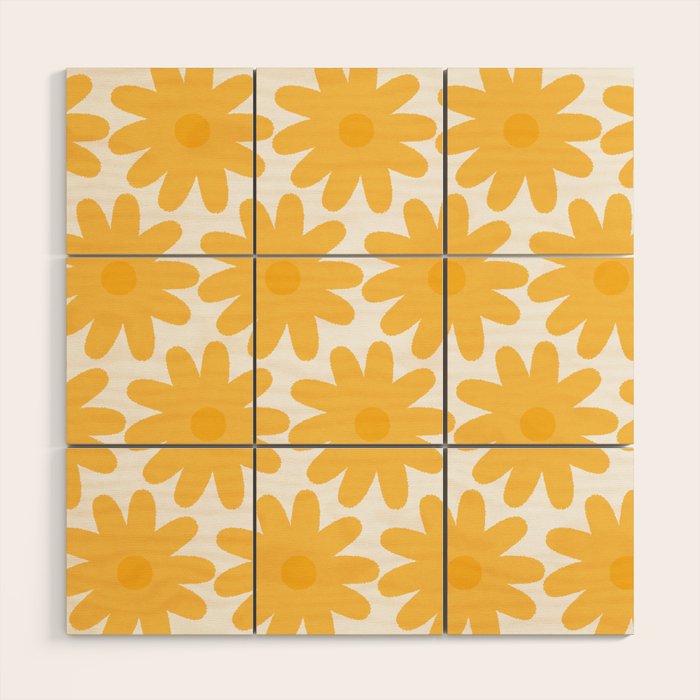 Crayon Flowers Cheerful Floral Pattern in Mustard Yellow and White Wood Wall Art Gallery Image 1
