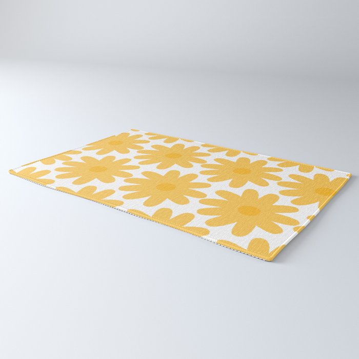 Crayon Flowers Cheerful Floral Pattern in Mustard Yellow and White Rug Gallery Image 3