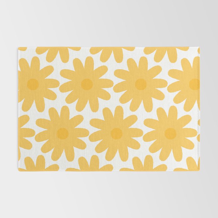 Crayon Flowers Cheerful Floral Pattern in Mustard Yellow and White Rug Gallery Image 2