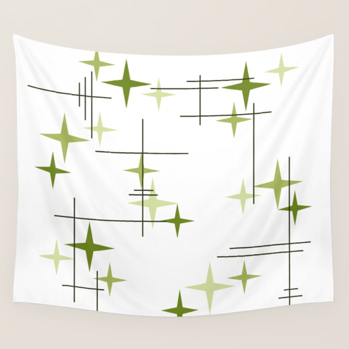 Mid Century Modern Stars Chartreuse Green Wall Tapestry Gallery Image 4