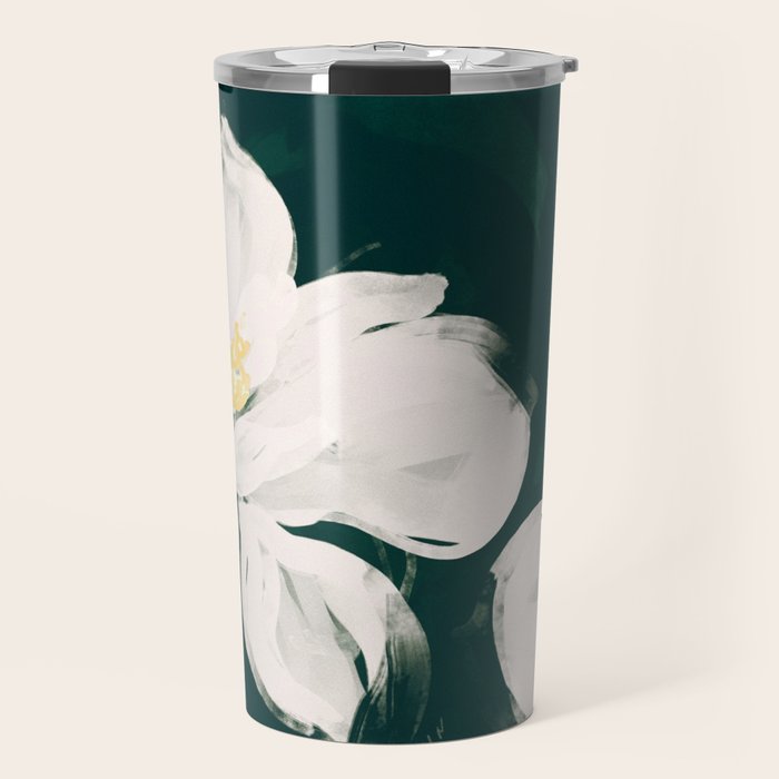 White Flowers On Green Travel Mug Gallery Image 1