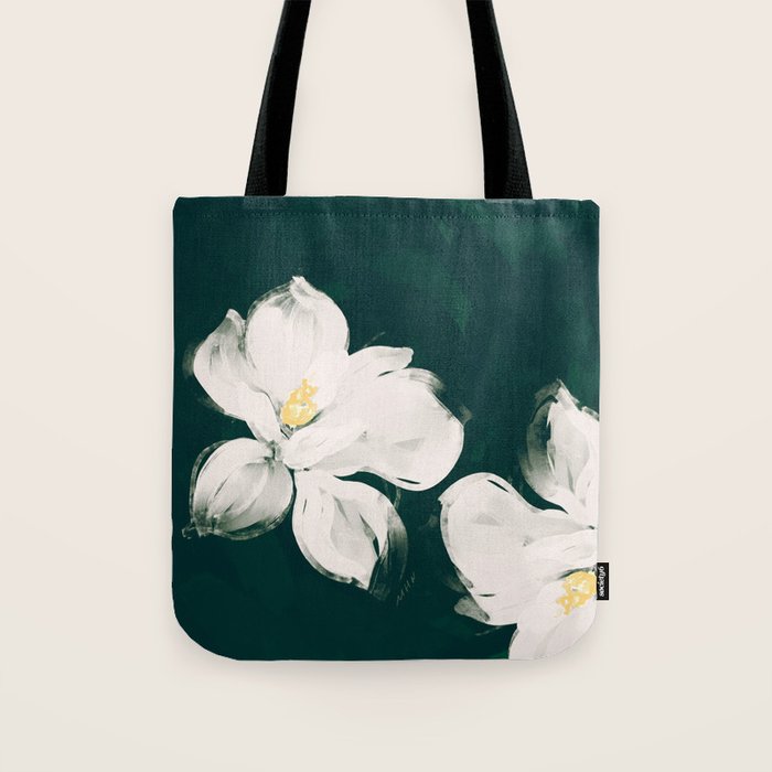 White Flowers On Green Tote Bag Gallery Image 1