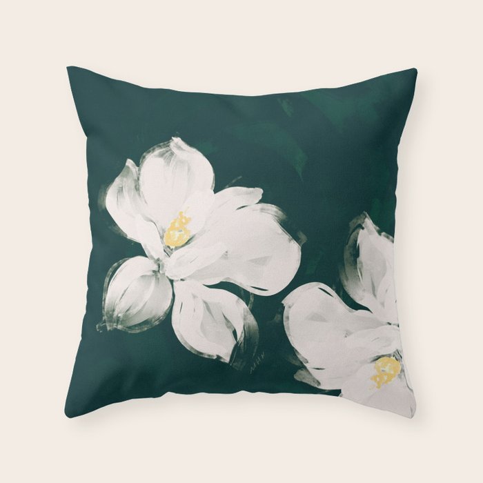 White Flowers On Green Throw Pillow Gallery Image 1