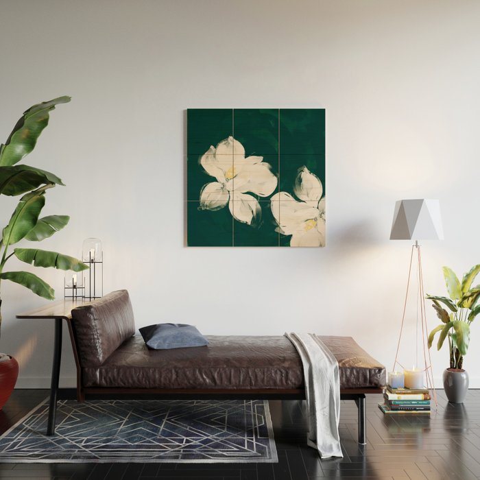 White Flowers On Green Wood Wall Art Gallery Image 2