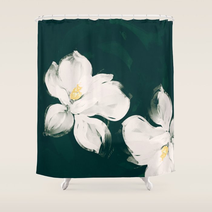 White Flowers On Green Shower Curtain Gallery Image 1