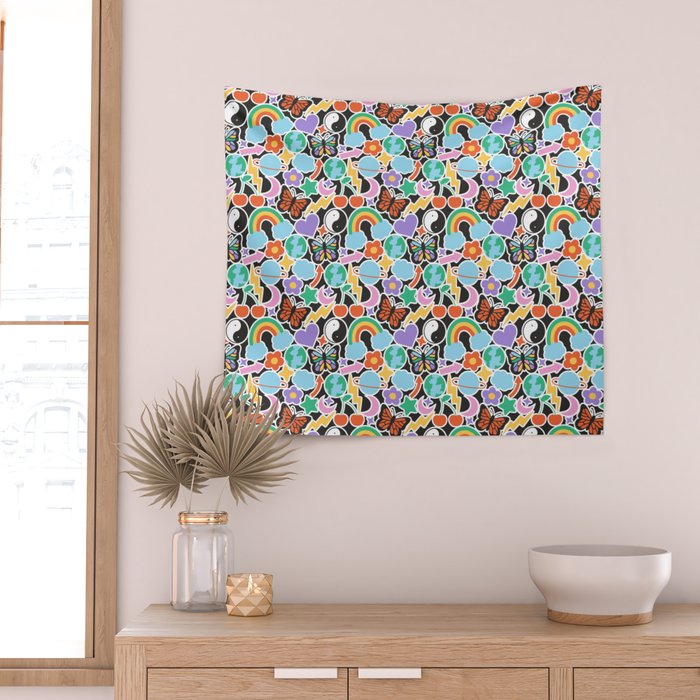 Vintage Y2K cartoon sticker pattern Wall Tapestry Gallery Image 2