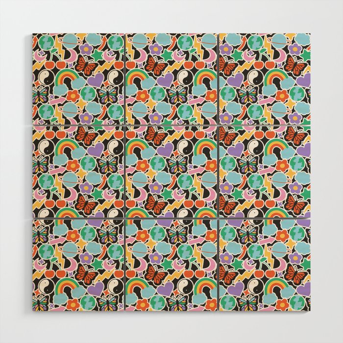 Vintage Y2K cartoon sticker pattern Wood Wall Art Gallery Image 1