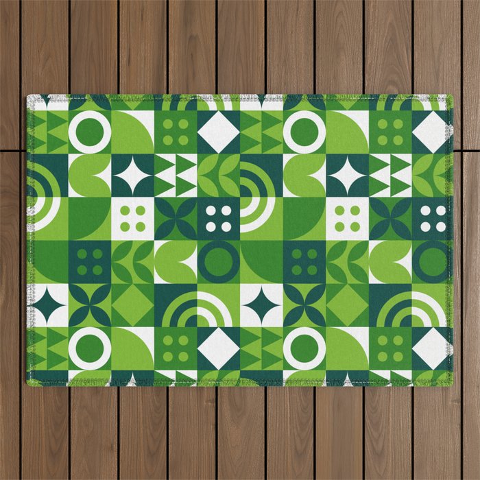 Green eco friendly nature geometric mosaic pattern Outdoor Rug Gallery Image 1