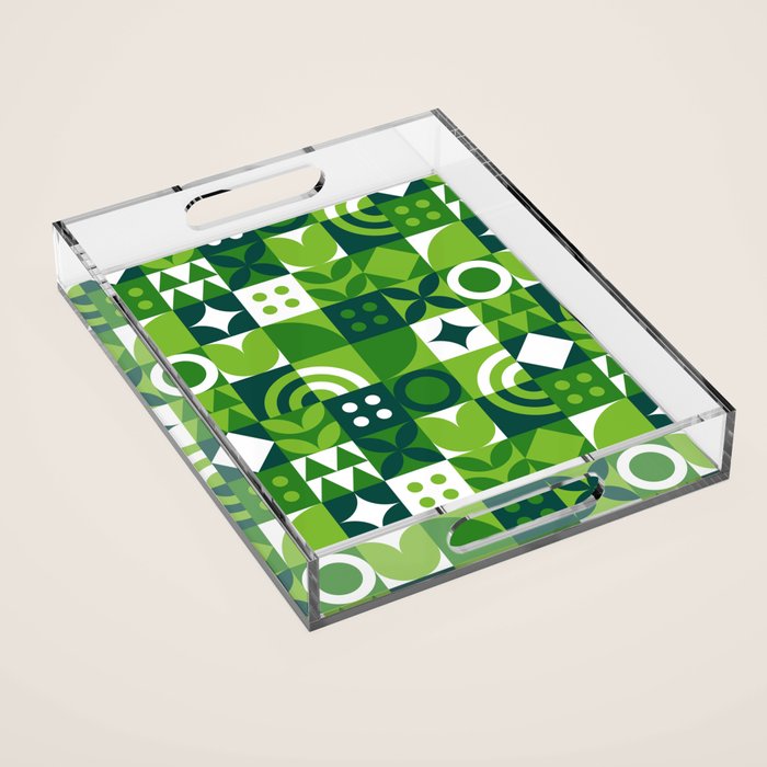 Green eco friendly nature geometric mosaic pattern Acrylic Tray Gallery Image 1