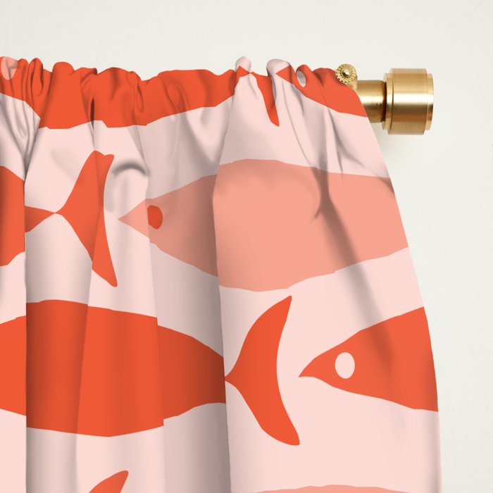 Mid Century Modern Fish Stripe Pattern Salmon Orange Window Curtain Gallery Image 2