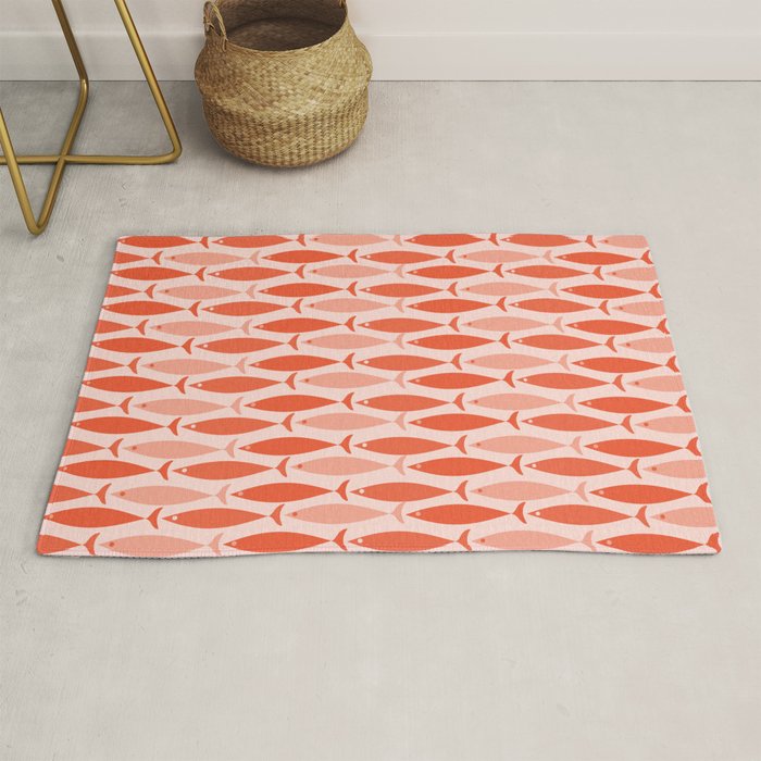 Mid Century Modern Fish Stripe Pattern Salmon Orange Rug Gallery Image 1