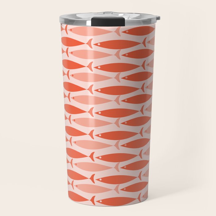 Mid Century Modern Fish Stripe Pattern Salmon Orange Travel Mug Gallery Image 1