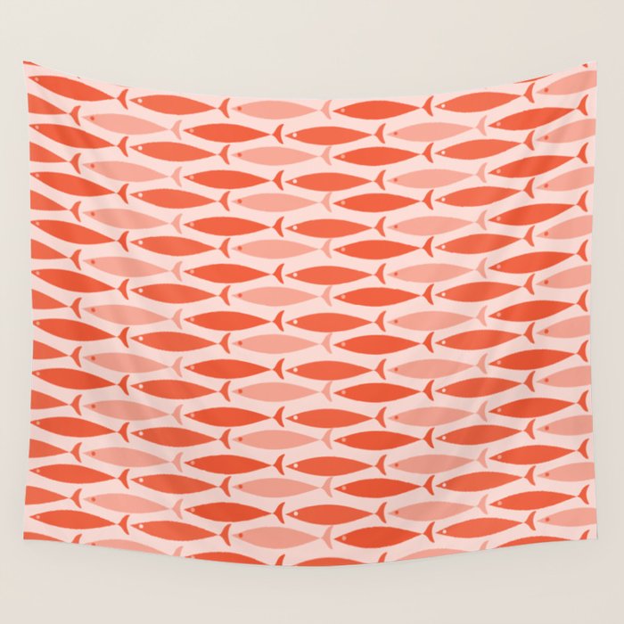 Mid Century Modern Fish Stripe Pattern Salmon Orange Wall Tapestry Gallery Image 1