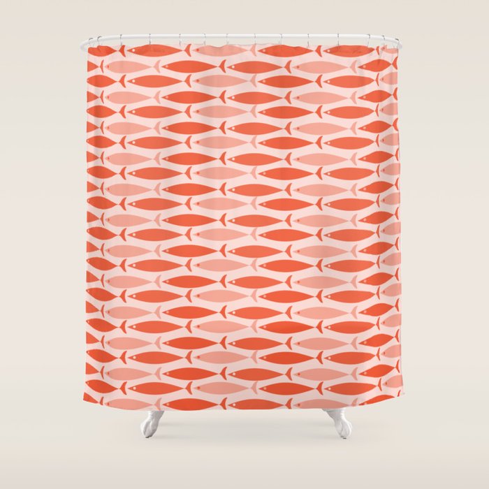 Mid Century Modern Fish Stripe Pattern Salmon Orange Shower Curtain Gallery Image 1