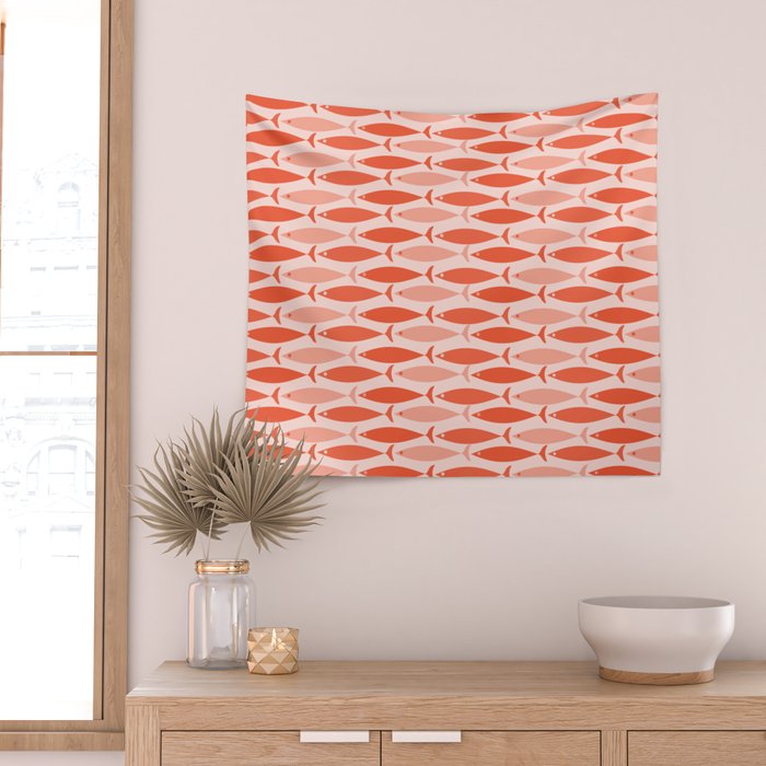 Mid Century Modern Fish Stripe Pattern Salmon Orange Wall Tapestry Gallery Image 2