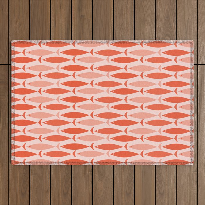 Mid Century Modern Fish Stripe Pattern Salmon Orange Outdoor Rug Gallery Image 1