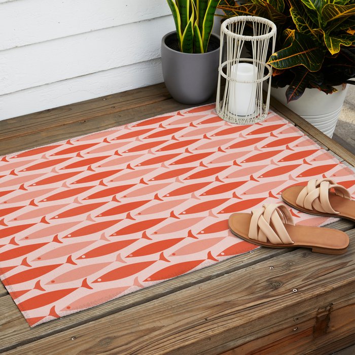 Mid Century Modern Fish Stripe Pattern Salmon Orange Outdoor Rug Gallery Image 2
