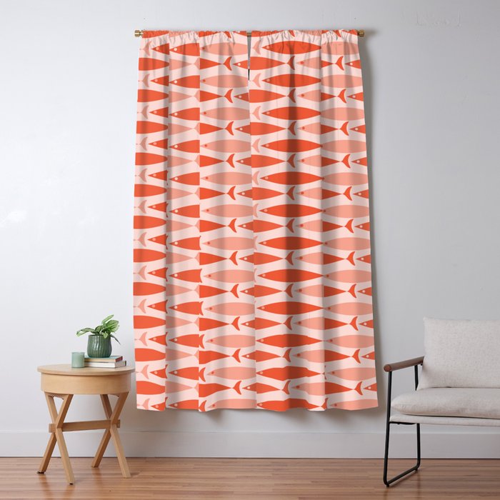 Mid Century Modern Fish Stripe Pattern Salmon Orange Window Curtain Gallery Image 5