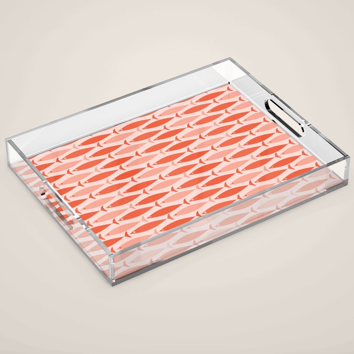 Mid Century Modern Fish Stripe Pattern Salmon Orange Acrylic Tray Gallery Image 1