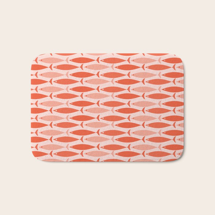Mid Century Modern Fish Stripe Pattern Salmon Orange Bath Mat Gallery Image 1