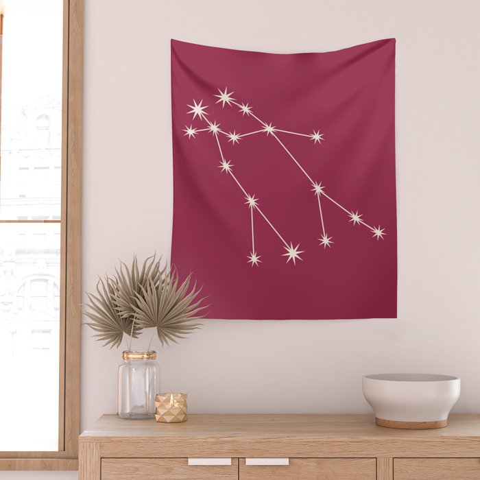 Gemini Zodiac Star Constellation Line Art Pink Wall Tapestry Gallery Image 2