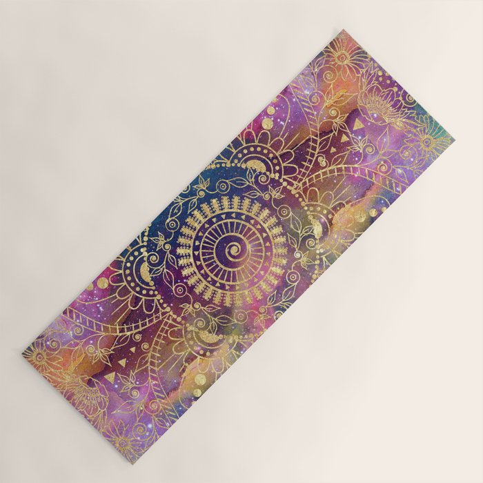 Gold watercolor and nebula mandala Yoga Mat Gallery Image 1