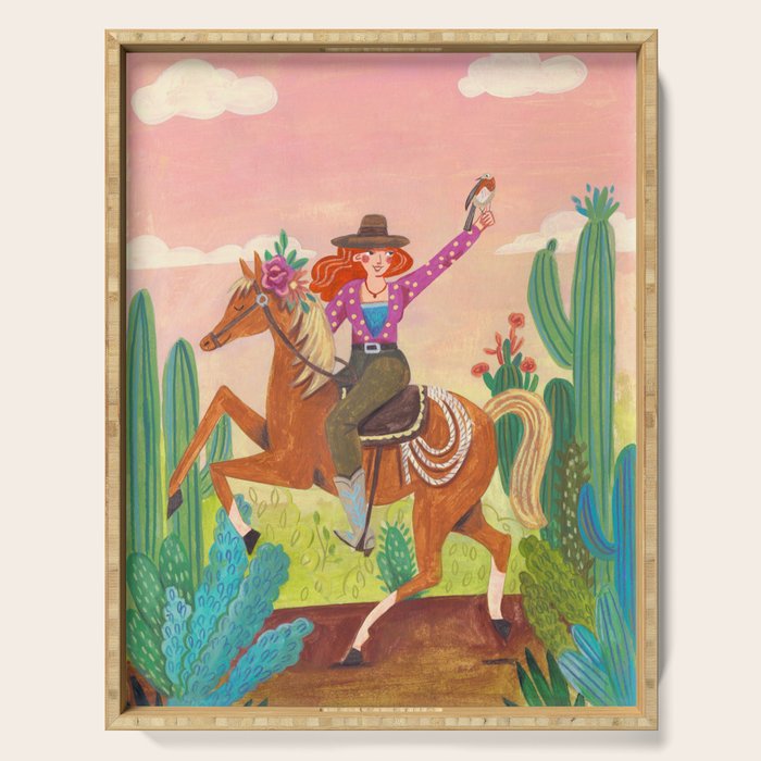 Cute cowgirl on a horse Serving Tray Gallery Image 1