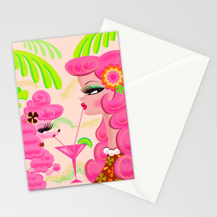 Palm Springs Pink Poodle Martini Girl Stationery Card Gallery Image 2