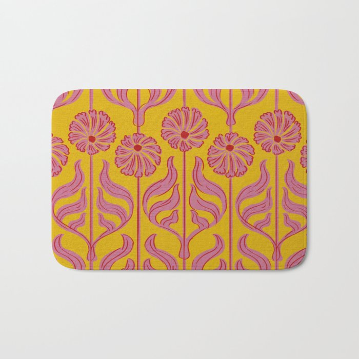 Art Deco Chic: Pink Flowers on Mustard Yellow Bath Mat Gallery Image 1