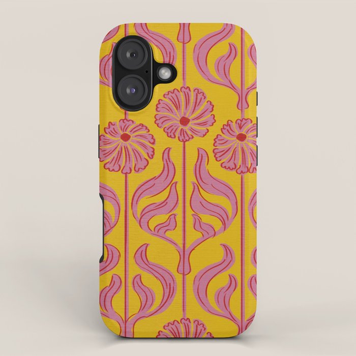 Art Deco Chic: Pink Flowers on Mustard Yellow iPhone Case Gallery Image 1