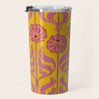 Art Deco Chic: Pink Flowers on Mustard Yellow Travel Mug Gallery Image 3