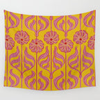 Art Deco Chic: Pink Flowers on Mustard Yellow Wall Tapestry Gallery Image 4