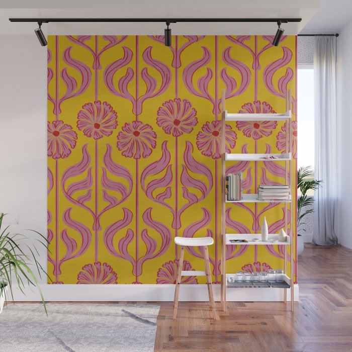 Art Deco Chic: Pink Flowers on Mustard Yellow Wall Mural Gallery Image 1
