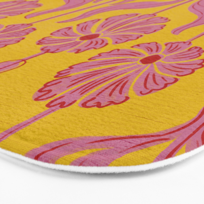 Art Deco Chic: Pink Flowers on Mustard Yellow Bath Mat Gallery Image 3