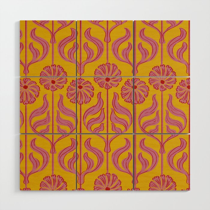 Art Deco Chic: Pink Flowers on Mustard Yellow Wood Wall Art Gallery Image 1