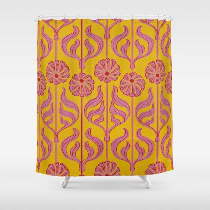 Art Deco Chic: Pink Flowers on Mustard Yellow Shower Curtain Gallery Image 1